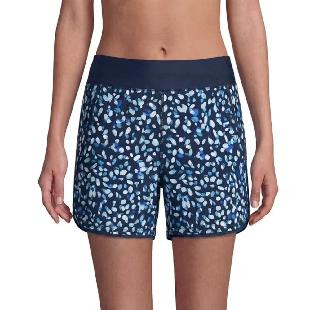 Lands' End Womens Blue Polka Dot Board Shorts Swim Bottoms Size M UPF 50+ NWT